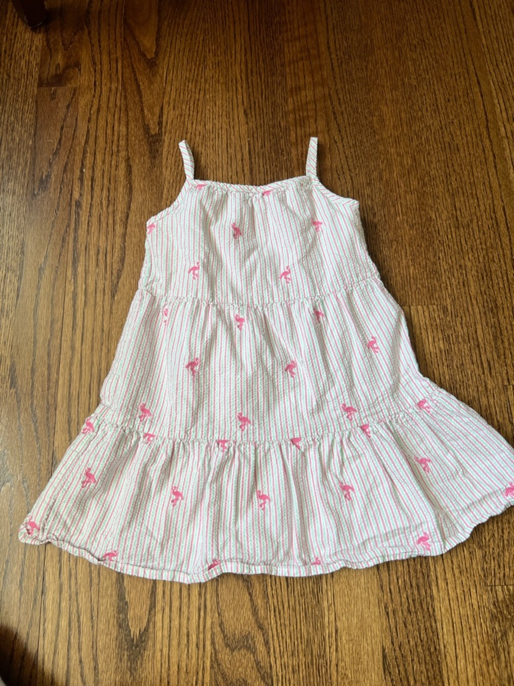 Gymboree Lined White Seersucker Tiered Sundress with Pink Flamingos